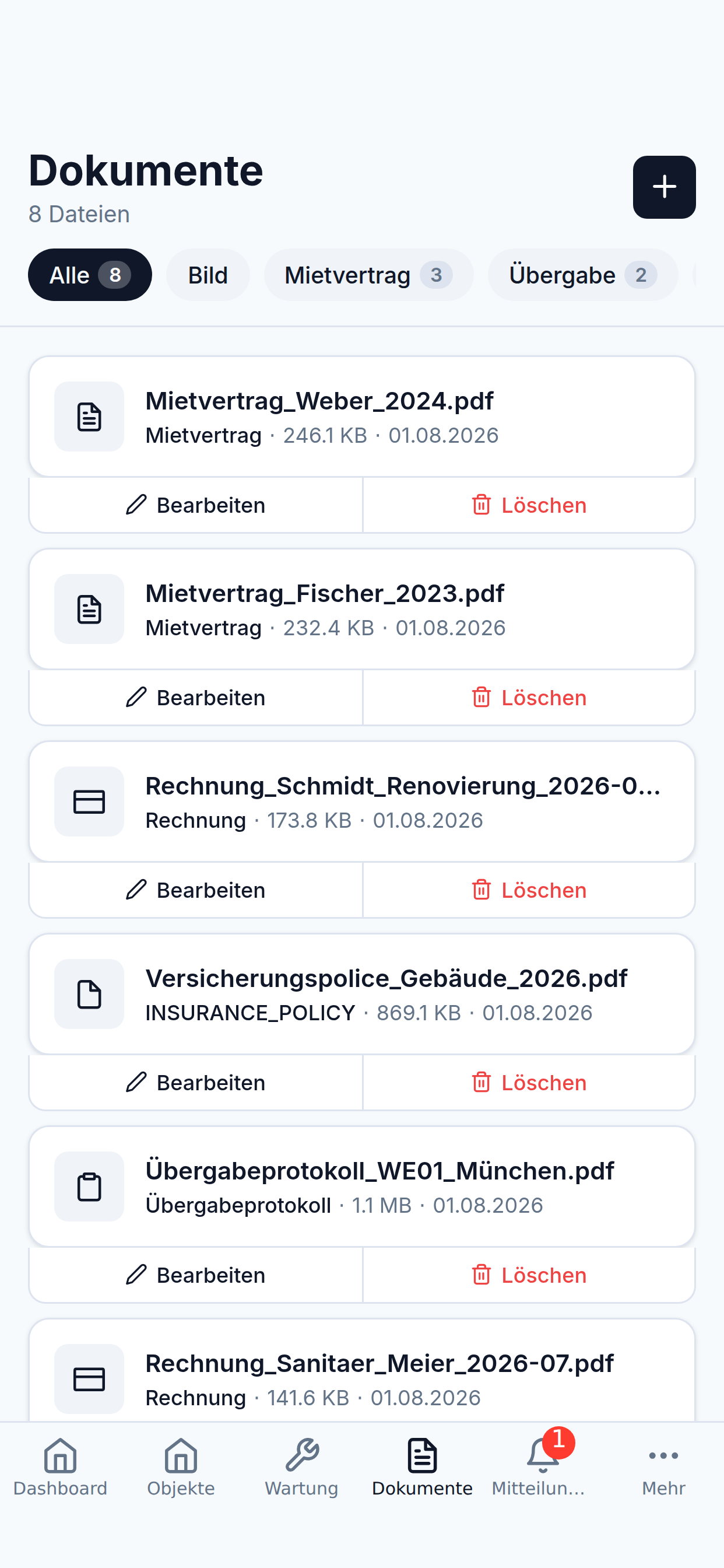 Dokumentenverwaltung von ImmobilienHQ mit abgelegten Mietverträgen und Unterlagen